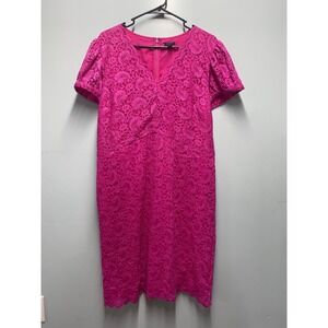 Ann Taylor Factory Magenta Pink Lace Sheath Dress V-Neck Scalloped Hem Womens 16